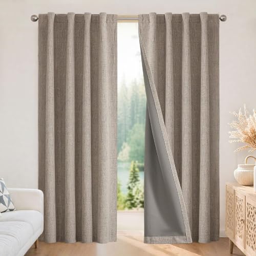 Linen Blackout Curtains for Bedroom & Living Room - Thermal Insulated, 52"W x 96"L, Pack of 2, Rod Pocket & Back Tabs