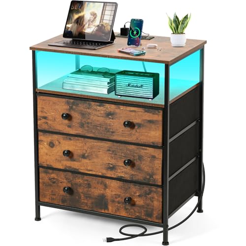 Rustic Brown 3-Drawer LED Nightstand with USB Charging Station & RGB Light