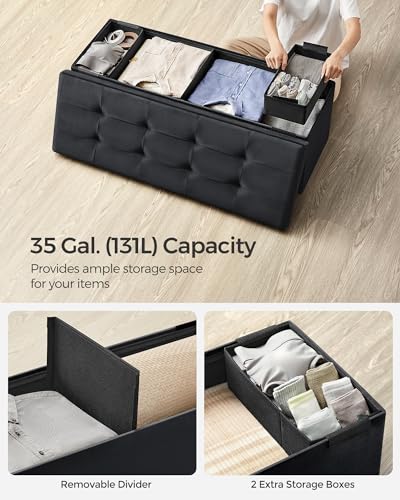 INK Black Velvet Storage Ottoman Bench - Foldable Foot Rest, 43 Inches