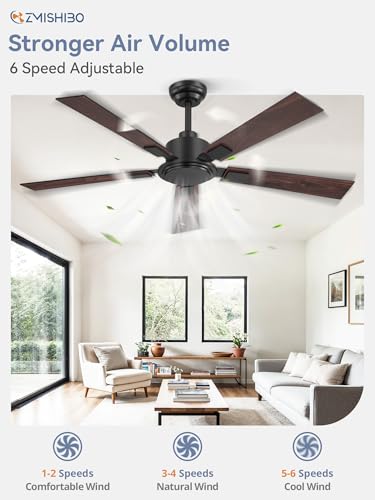 ZMISHIBO 52 Inch Black Ceiling Fan No Light with Remote, 6-Speed Reversible DC Motor