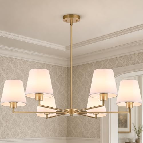 Lynnoland Brushed Gold & White Fabric Shade Chandeliers 36" No Assembly