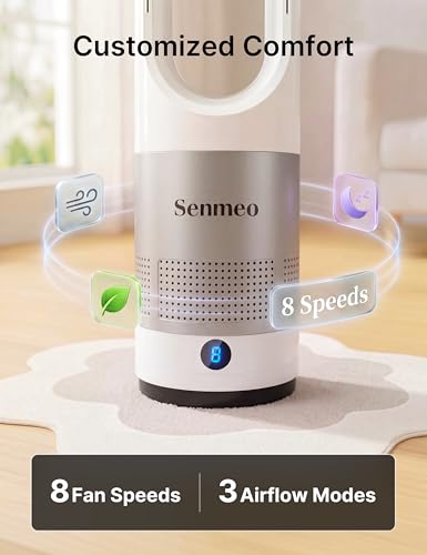 Senmeo 22-Inch Bladeless Tower Fan with Remote Control, 8 Speeds, 9-Hour Timer - White + Silver
