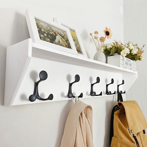 White Wall Shelf with Hooks - 35-Inch Coat Rack & Organizer with 5 Tri Hooks