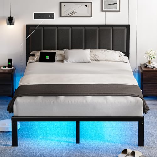 Queen Bed Frame with Headboard, Smart LED & Charging Station - OLEVS
