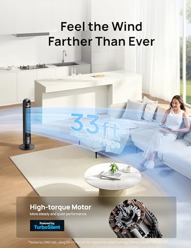 DREO Black Tower Fan for Bedroom & Room Cooling, 4 Speeds, 90° Oscillation, Remote & App Control
