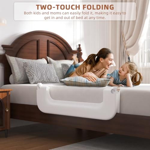 Toddler Bed Rail Guard - Adjustable & Foldable, Reinforced Anchor, 32 Inch White