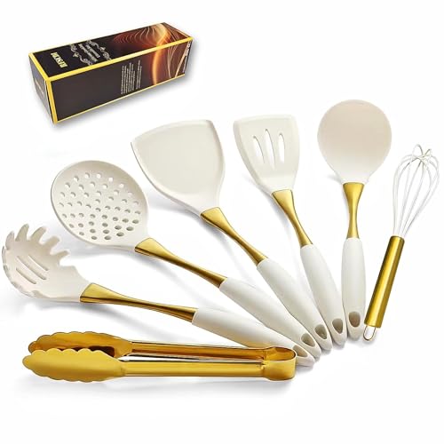 White Gold Silicone Cooking Utensils Set - Non-Toxic, Dishwasher Safe Kitchen Tools with Heat-Resistant Handles - Includes Spatula & Spoon (Variation: White Gold)