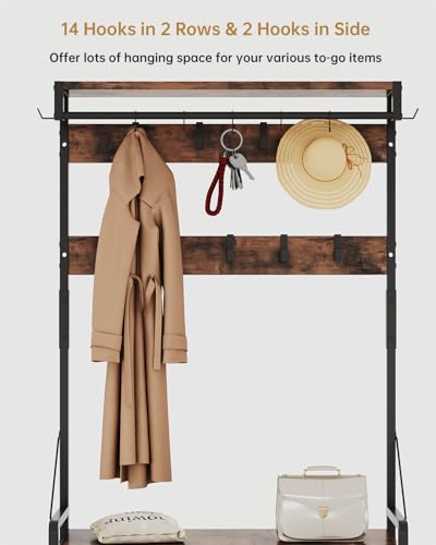 Entryway Hall Tree with Bench, Shoe Storage, 16 Hooks & 3 Drawers