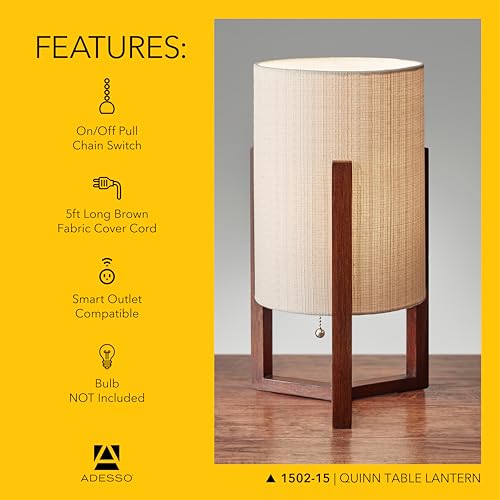 Walnut Birch Wood & Linen Table Lamp - Modern Compact Nightstand Light
