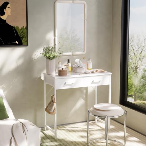 Pamray White 32-Inch Small Computer Desk with 2 Fabric Drawers for Small Spaces