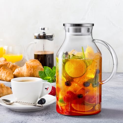 Bivvclaz 1.2 Liter 40 oz Small Glass Pitcher with Lid and Handle, Glass Carafe for Hot/Cold Water, Iced Tea Jug for Coffee, Juice and Homemade Beverage