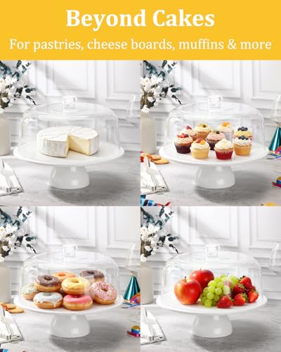 12-Inch Porcelain Cake Stand with Clear Acrylic Dome - White Pedestal