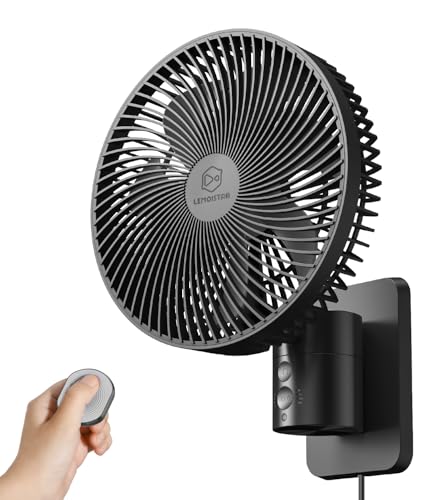 LEMOSTAR 8 Inch Black Wall Mount Fan with Remote, Oscillating, 4 Speeds, Timer