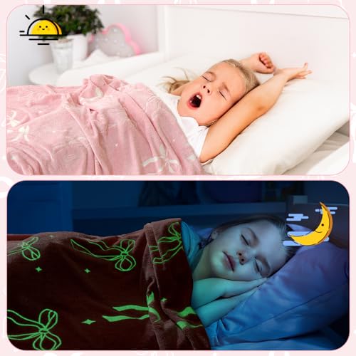 Pink Bow Blanket for Girls 50 x 60 Inch Glow in The Dark Throw Blanket Cute Bow Theme Flannel Plush Preppy Coquette Gifts Dorm Essentials for Christmas Thanksgiving Gift Decoration