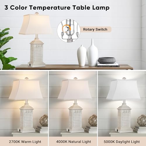 Hamucd Washed White Coastal Table Lamps Set of 2 - Beach Nautical Modern Resin Nightstand Lamps with USB A+C, 3-Color LED Lighting