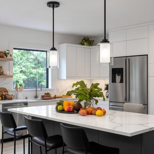 TENGXIN 2 Pack Matte Black Pendant Lights for Kitchen Island with Dual Glass Shades - Adjustable Height