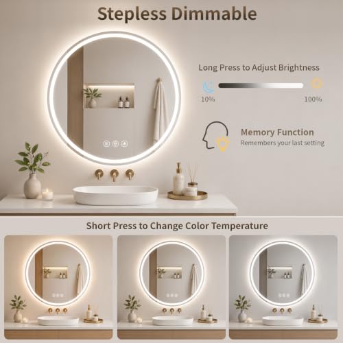 BEAUTYPEAK 22 Inch Round LED Bathroom Mirror with Lights, Circle