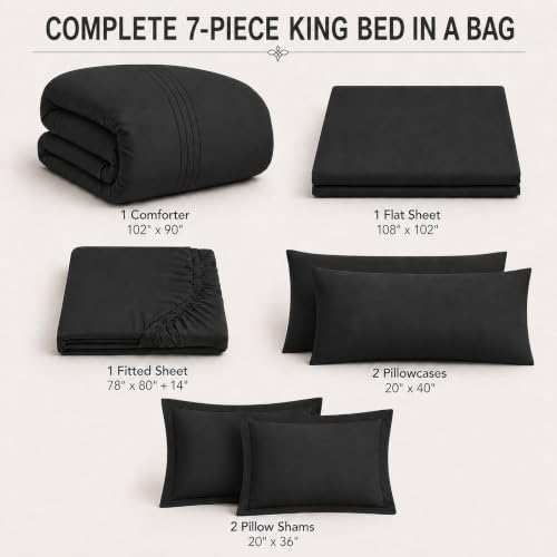 Velorose King Size Black Comforter Set 7 Pieces Bed in a Bag, All-Season Bedding