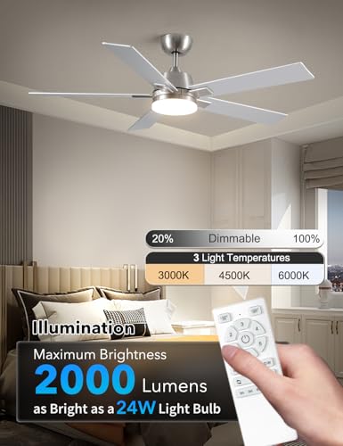 52 Inch Ceiling Fan with Lights and Remote - Nickel Finish, Downrod Mount, Reversible Blades