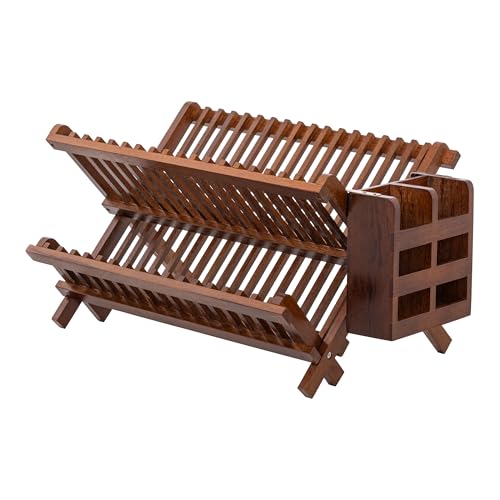 Teak Folding 2-Tier Dish Rack with Utensil Holder - Collapsible Kitchen Drying Stand