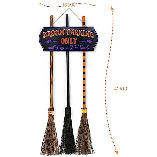 Halloween Broom Parking Sign with 3 Wooden Witch Brooms - Spooky Porch Decor
