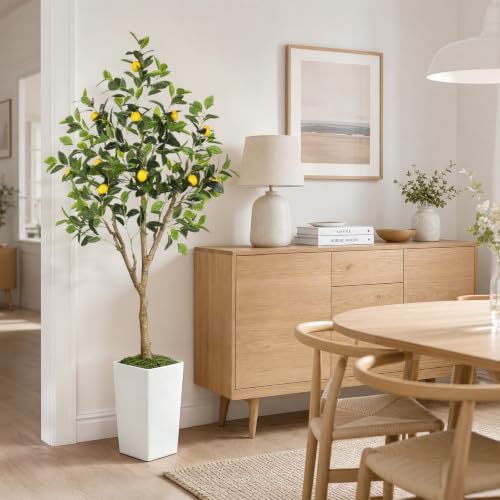 6FT Artificial Lemon Tree with White Tall Planter - Realistic Faux Indoor Outdoor Decor