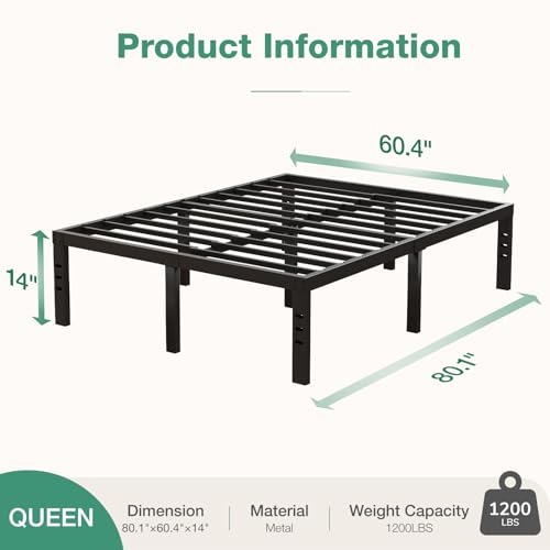 Queen Bed Frame 14 Inch Metal Platform with Storage - Black, Heavy Duty Steel