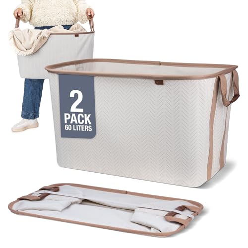 Cream Herringbone Collapsible Laundry Basket 2 Pack - 60L Space-Saving Storage