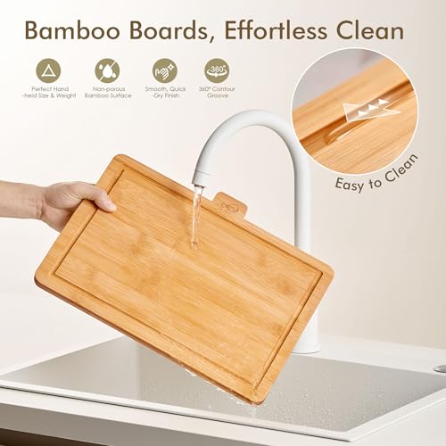 Natural Bamboo Cutting Board Set with Holder - Extra Large Kitchen Chopping Boards, 3 Piece