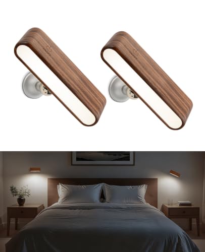 Vadifula Black Walnut Rechargeable Magnetic Wall Sconce Set of 2 - Dimmable Touch Bed Reading Lights
