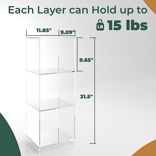 Invisibiliter Clear Acrylic 3-Tier Bookcase - 31.5 Inch Tall Floor Standing Shelf, Modern Display Storage for Home & Office