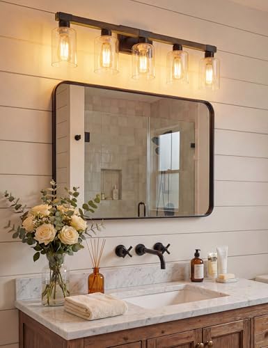 VOLISUN Farmhouse Wood 5-Light Bathroom Vanity Light Fixture, UL Certified