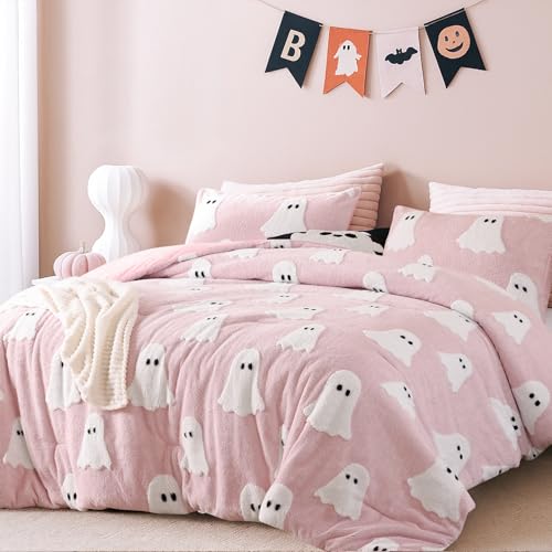 Smoofy Pink Ghost Halloween Comforter Set, Fleece Queen Bedding