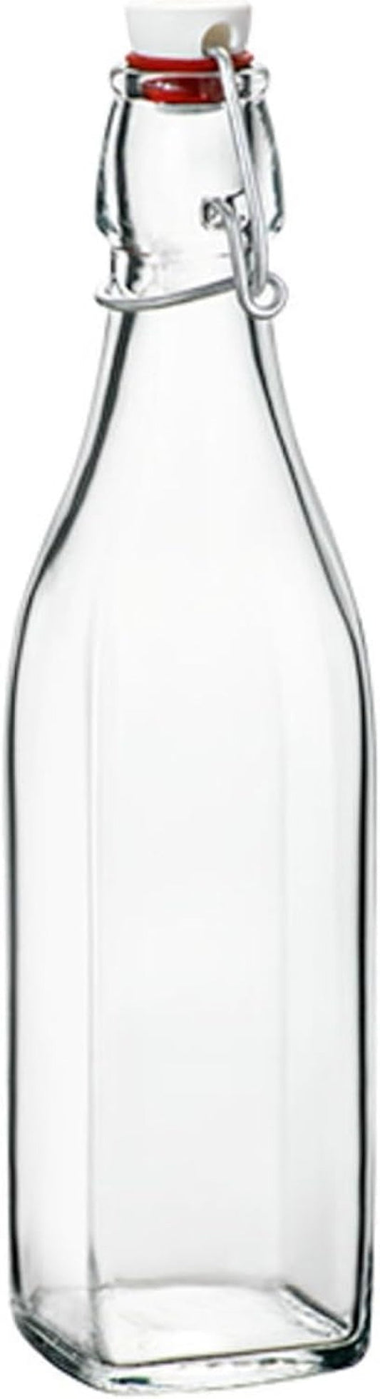 Bormioli Rocco Swing 17 oz. Square Swing-Top Glass Bottle with Airtight Seal and Metal Clamp for Drinks, Juices, Wine, or Dressings, Single Bottle