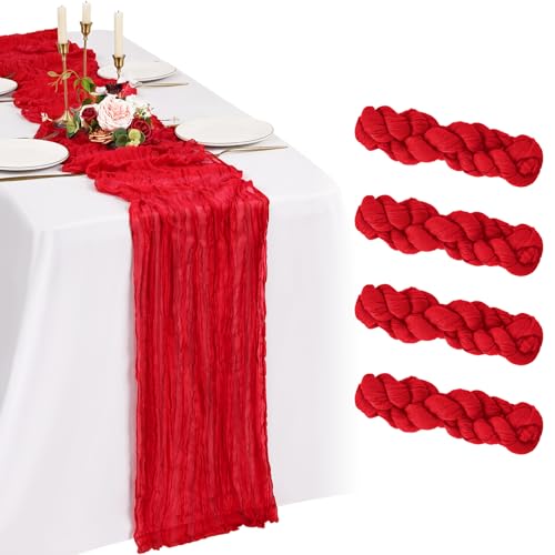 Red 4-Pack 10ft Cheesecloth Table Runner – Boho Gauze Rustic Wedding Decor