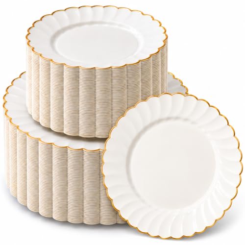 By Madee Heavyweight Ivory and Gold Scalloped Plastic Plates 100 Pc for Weddings & Parties