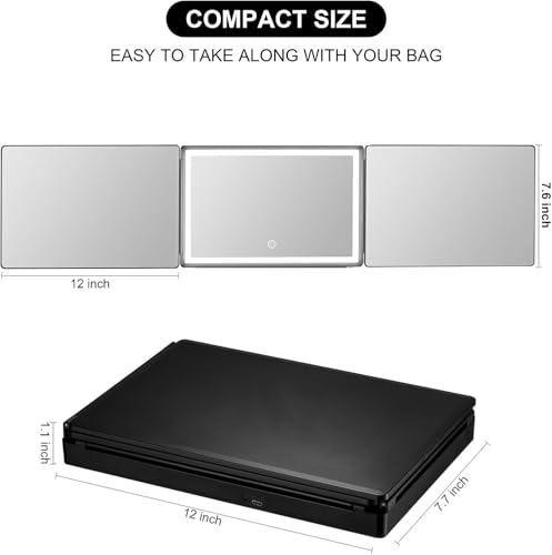 Vanexiss Rechargeable 3-Way Mirror with Lights & Hook - Black