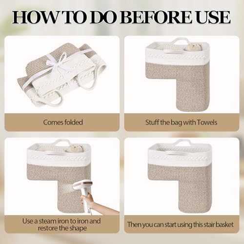 Brown Woven Stair Basket - 15x10x15 Inch Cotton Storage Bin with Handles