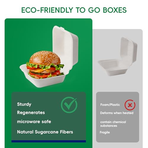 White 6-Inch Sugarcane To-Go Food Containers - 1-Compartment Clamshell, Eco-Friendly, Leak-Proof, 200 Pack