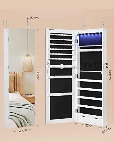 White 42.5-Inch Jewelry Cabinet Armoire with LED Lights, Wall or Door Mountable