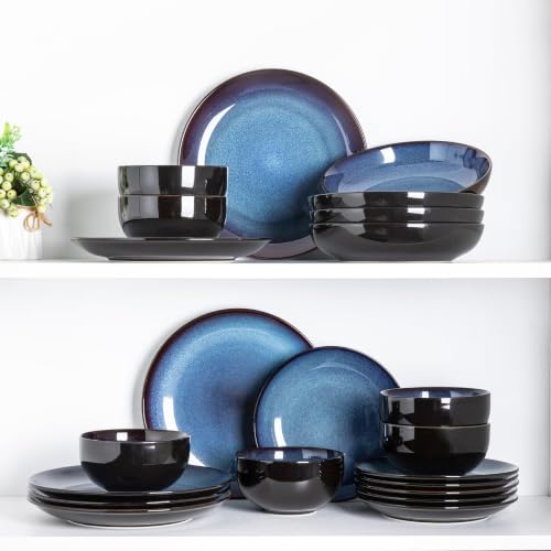 Ceramic Dinnerware Set for 6 - 18Pcs Porcelain Plates & Bowls, Dreamy Moonlight Blue