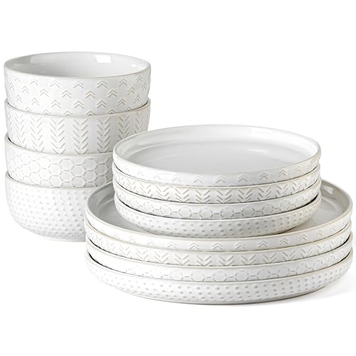 Stoneware Dinnerware Sets Service for 4 - 12 Pcs Embossed Boho Ivory White