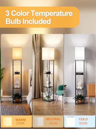 Black Floor Lamp with Shelves for Living Room and Bedroom, 3 CCT LED Bulb, Corner Organizer Tower