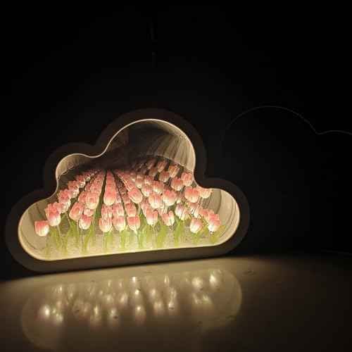 DIY Tulip Night Light,Cloud Tulip Mirror Night Light,LED Handmade Simulated Tulip Table Lamp,Room Desktop Decor for Teen Girls,Tulip lamp for Bedroom (Pink)