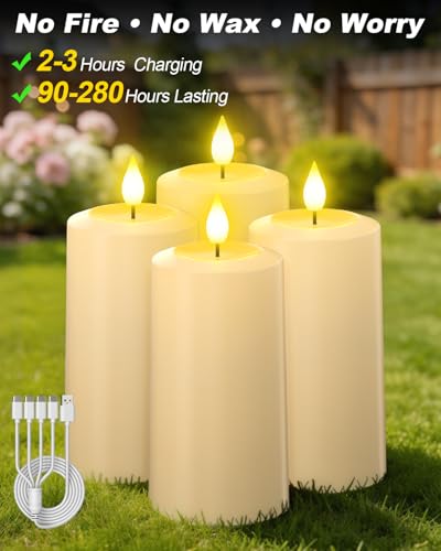 SoulBay Waterproof USB Rechargeable Flameless LED Candles - Outdoor Indoor Flickering Pillar Lights with Remote & Timer, 2.75x5.1 Inches, 4-Pack