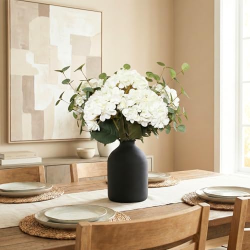 RyddeligHome White Faux Hydrangea & Eucalyptus Floral Arrangement for Vase — Real Touch Artificial Flowers for Home Decor