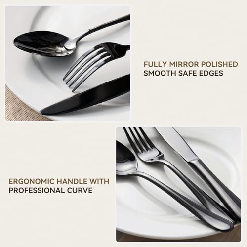 Black Silverware Set 72 Pieces for 12 - No Fading Steak Knives Flatware