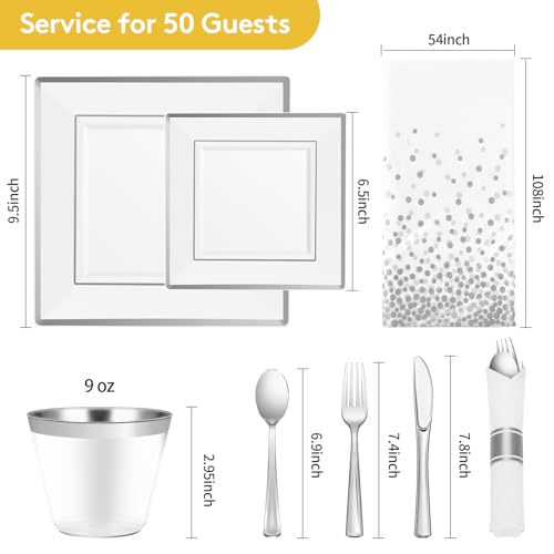 Silver Square Plastic Plates Set for 50 Guests - Elegant Disposable Dinnerware
