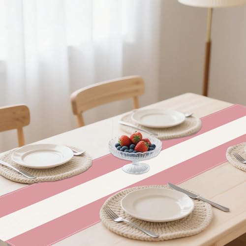 Pink White Stripes 2025 Seasonal Christmas & Spring Table Runner, 13x72 Inches