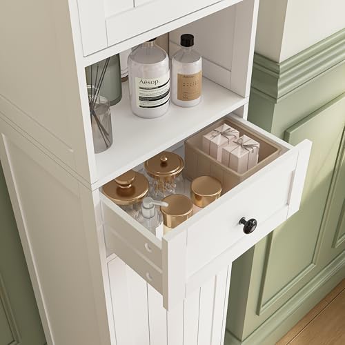 Tall Bathroom Cabinet with 5 Shelves & Drawer - White, Adjustable Storage